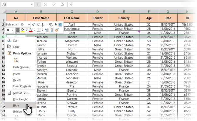 Zeilen in Excel ausblenden