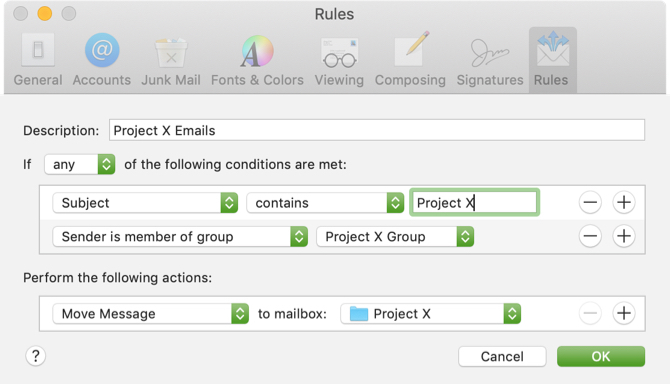 Verschieben von Projekt-E-Mails Mac Mail-Regel
