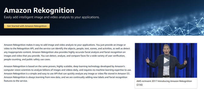 Screenshot der Marketing-Website von Amazon Rekognition