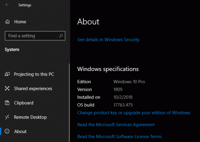 Windows 10-Spezifikationseinstellungen