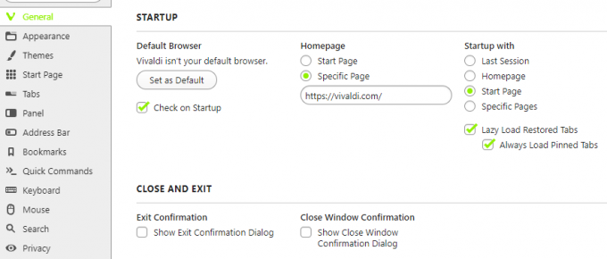 Screenshot der Registerkarte „Allgemein“ der Vivaldi-Einstellungsseite