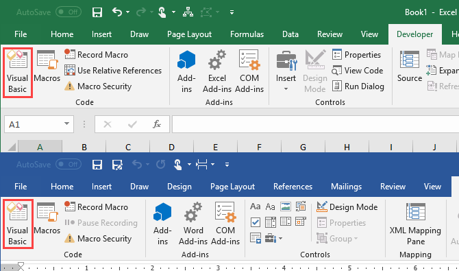 Visual Basic auf der Registerkarte Entwickler in Microsoft Excel und Microsoft Word