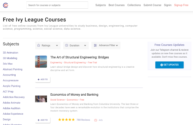Kurs-Homepage mit einem Verzeichnis von Online-Kursen