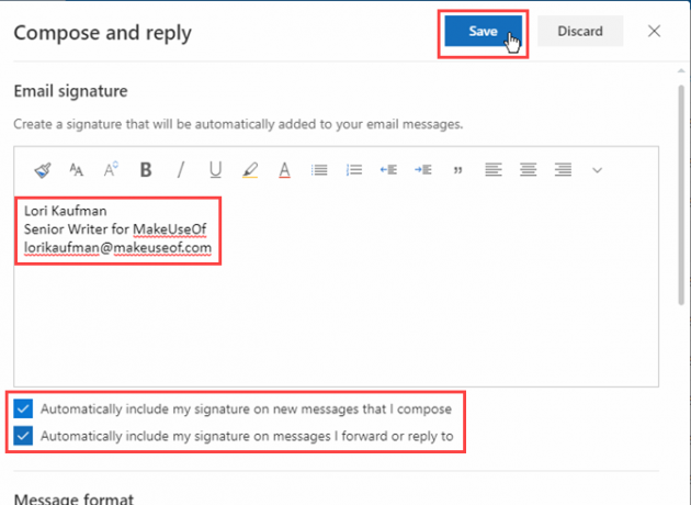 Erstellen Sie eine Signatur und klicken Sie in Outlook in Office 365 auf Speichern