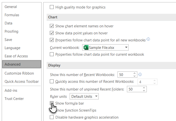 Blenden Sie die Formelleiste mithilfe der Excel-Optionen aus