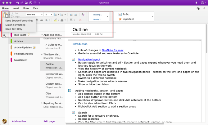 Formatierungstools in OneNote Mac