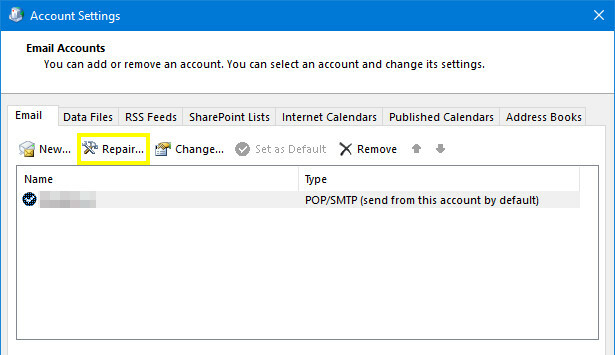 Reparieren Sie E-Mails in den Outlook-Kontoeinstellungen