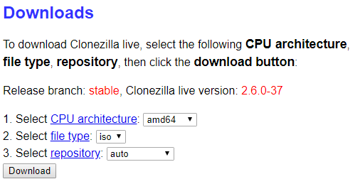 Clonezilla Download-Seite