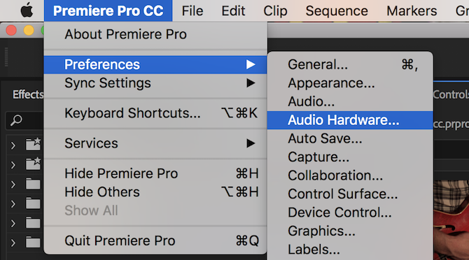 Audio-Hardware-Menü von Premiere Pro