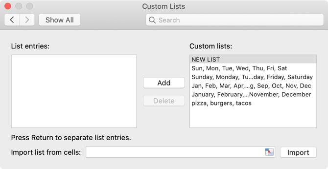 Dialogfeld "Benutzerdefinierte Listen" Mac