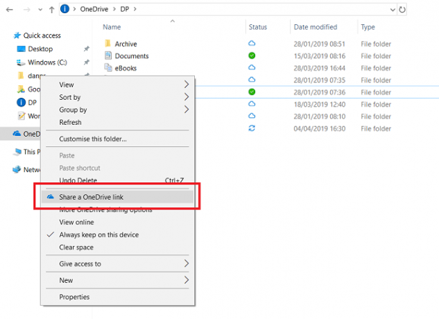 onedrive-Freigabemenü