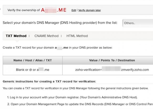 Zohos Anweisungen zur Überprüfung der Domain