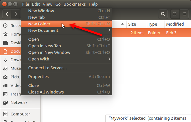 Gehen Sie in Ubuntu zu Datei> Neuer Ordner in Nautilus