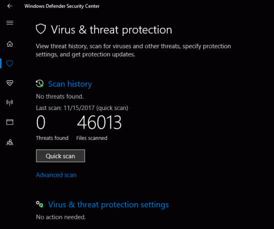 Windows Defender Security Center Viren- und Bedrohungsschutz