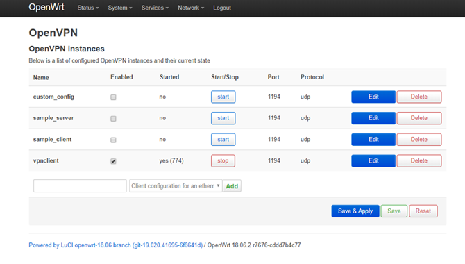 OpenWRT LuCI Dashboard OpenVPN-Menü