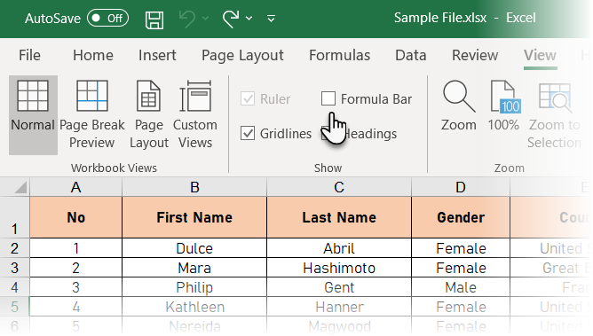 Blenden Sie die Formelleiste auf der Registerkarte Ansicht in Excel aus