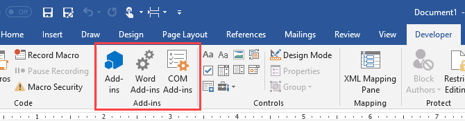 Abschnitt Add-Ins auf der Registerkarte Entwickler in Microsoft Word