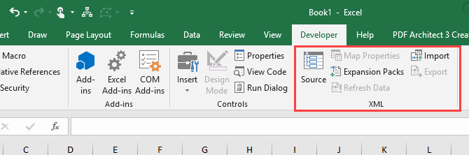 XML-Abschnitt auf der Registerkarte Entwickler in Microsoft Excel