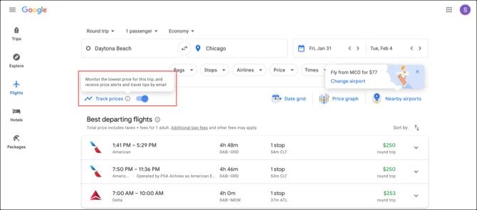 Google Flights Track Preise umschalten