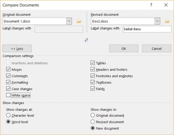 Das legale Blackline-Dialogfeld in Microsoft Word