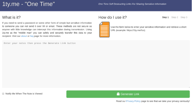 1ty.me ist eine sichere App zum Senden von einmal gelesenen Notizen und Passwörtern