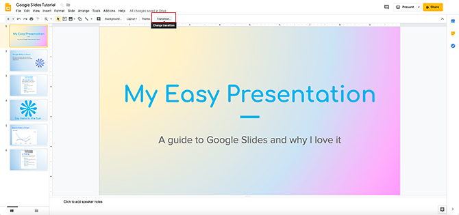 Übergänge in Google Slides Transition Button erstellen