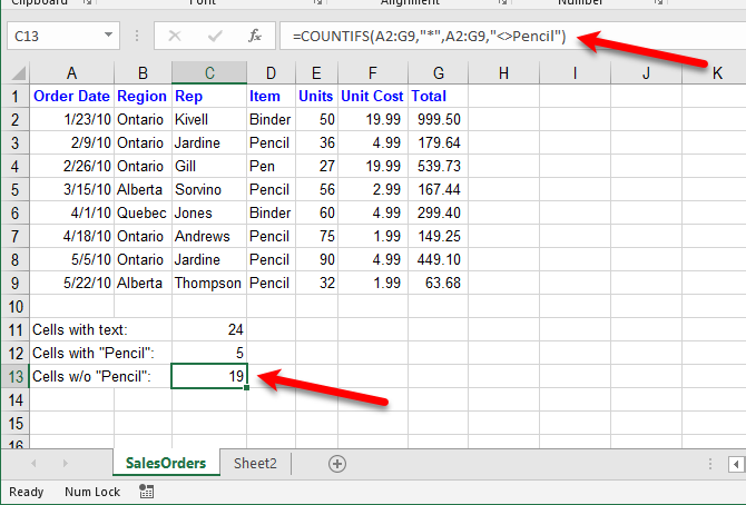 Excel-Textfunktionen - Zählen Sie Zellen mit Text bis auf bestimmten Text