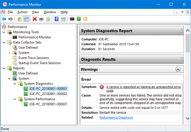 Diagnoseergebnisse für Windows 10 Performance Monitor