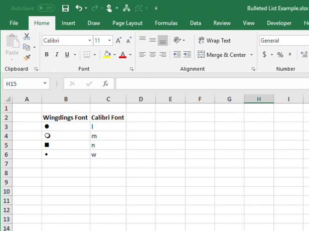 Buchstaben in der Schriftart Calibre und die entsprechenden Symbole in der Schriftart Wingdings in Excel