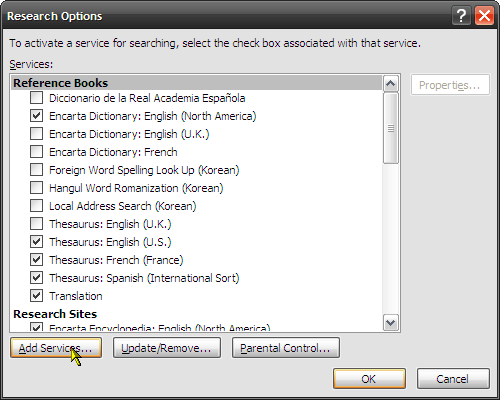 So nutzen Sie die Forschungsfunktion in Microsoft Word 2007 4 Fügen Sie Dienste hinzu