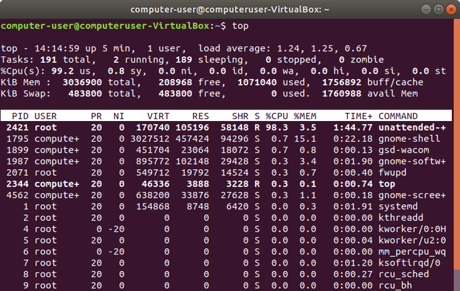 Ein Linux-Terminal, das den Befehl top anzeigt