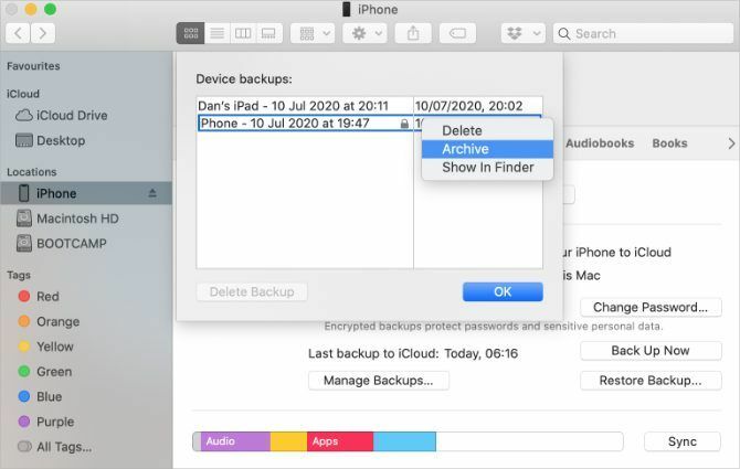 Fenster "Backups verwalten" mit der Option "Archiv" im Finder