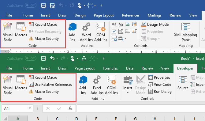 Codeabschnitt auf der Registerkarte Entwickler in Microsoft Word und Microsoft Excel