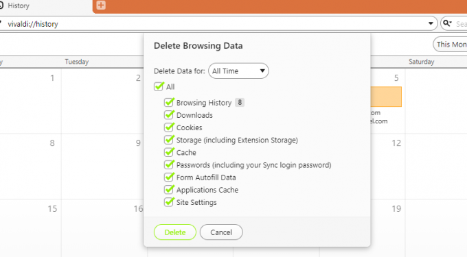Screenshot des Fensters zum Löschen von Browserdaten Vivaldi