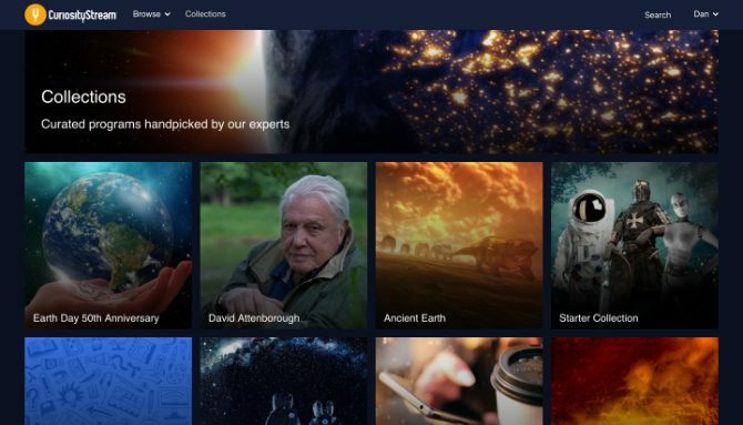 Bildschirm CuriosityStream-Sammlungen mit kuratierten Shows