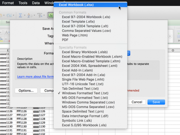 Excel-Export-Optionen