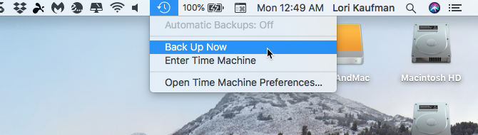 Wählen Sie in den Menüleistenoptionen von Time Machine die Option Jetzt sichern