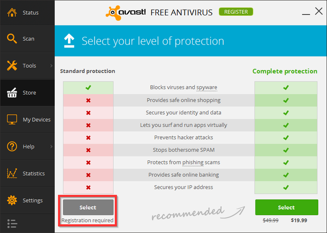 Avast - Registrierung - Standard auswählen