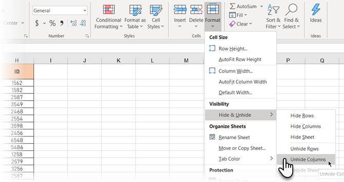 Einblenden von Spalten aus der Multifunktionsleiste in Excel