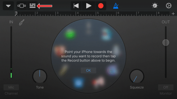 GarageBand App Audiorecorder Bildschirm