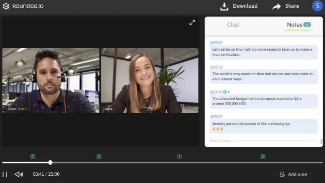 Roundee zeichnet Videokonferenzen auf und ermöglicht das Hinzufügen von Notizen mit Zeitstempel für Minuten des Meetings