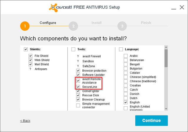 Avast - Installation - Wählen Sie die zu installierenden Komponenten aus