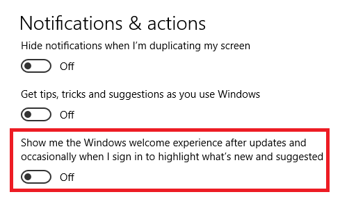 Deaktivieren der Seite "Windows Welcome Experience" in den Windows 10 Windows Experience-Seiteneinstellungen