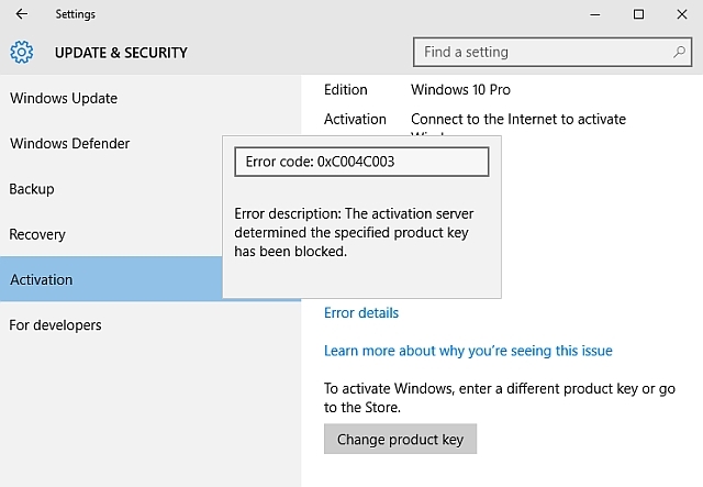 Windows 10-Aktivierungsfehlercode