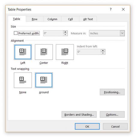 Microsoft Word-Table-Eigenschaften