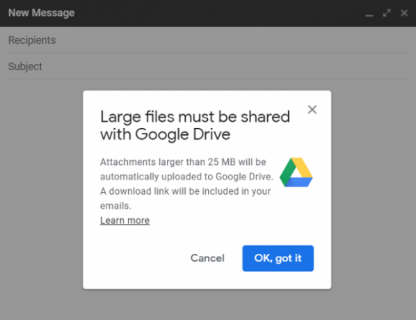 In Google Mail auf Google Drive-Eingabeaufforderung hochladen