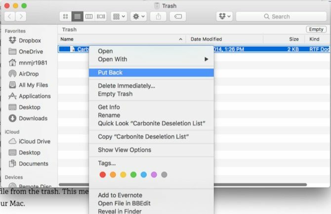 Datei aus dem Mac-Papierkorb zurücksetzen