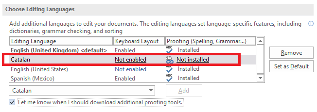 Rechtschreib- und Grammatikprüfung in der neuen Sprache des Microsoft Word MS Word-Wörterbuchs