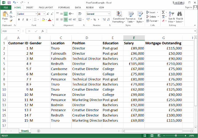 Beispiel für ein Excel 2013-Arbeitsblatt