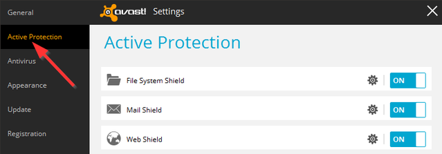 Avast - Einstellungen - Aktiver Schutz